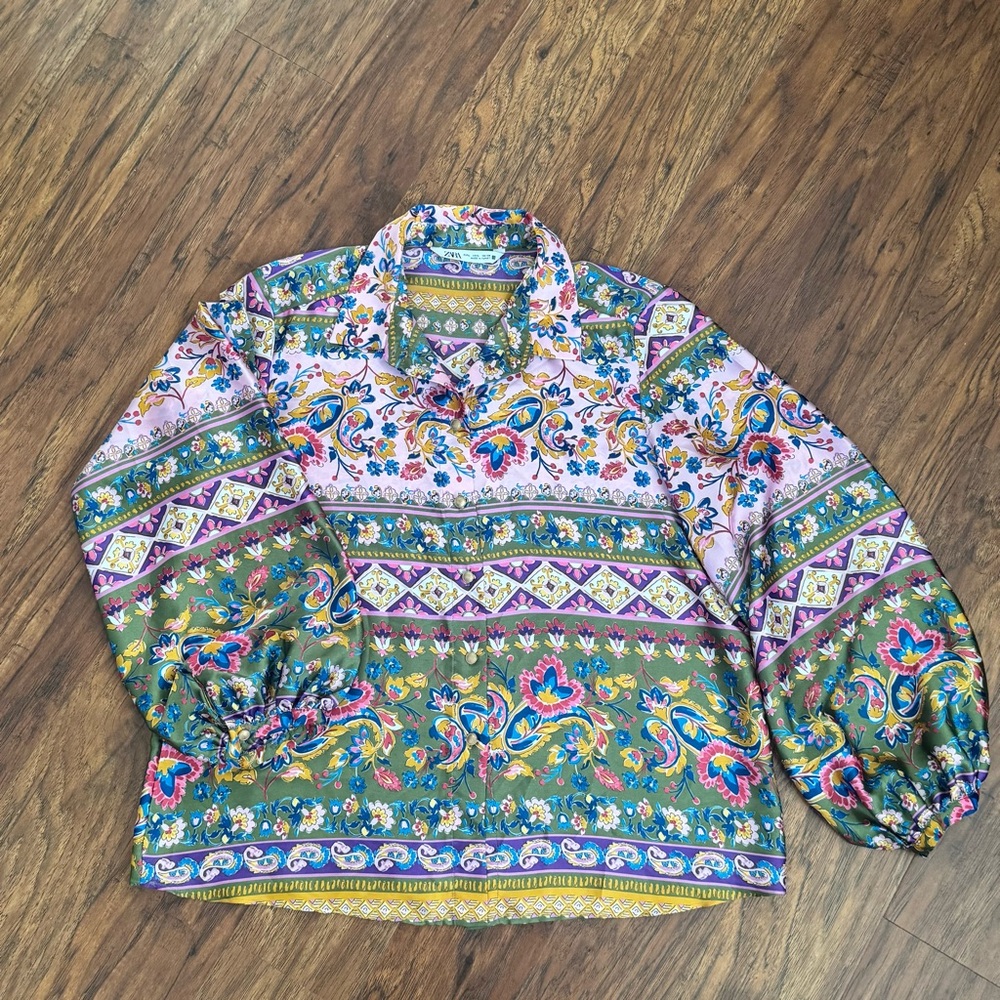 ZARA Satin Colorful Patterned Blouse Large